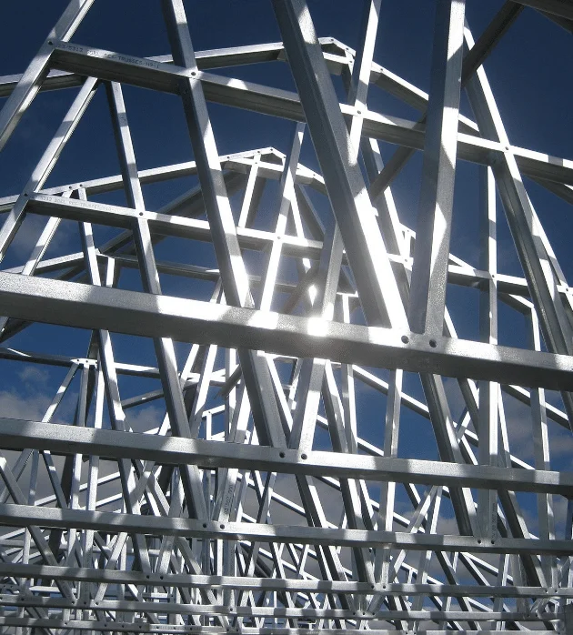 Close-up of galvanized steel roof trusses for Louisiana barndo